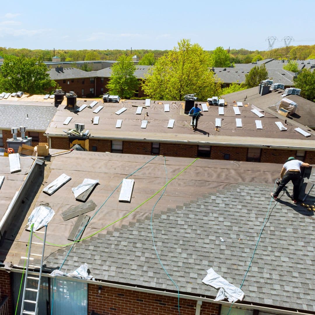 Crew replacing shingles on a multi-unit Bay Area roof